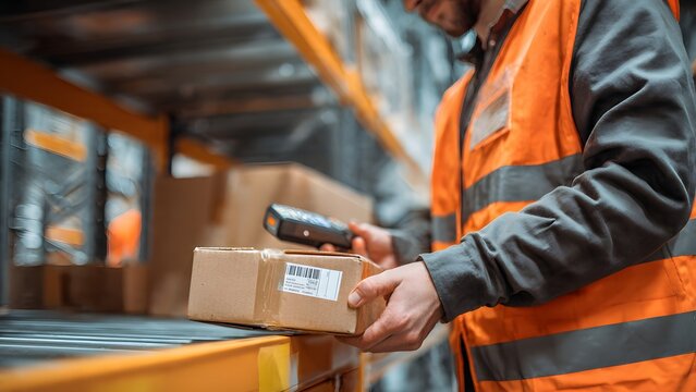 A warehouse employee uses a handheld scanner to read the barcode on a cardboard shipping box. This logistics process manages inventory, ensures shipment accuracy, and supports ecommerce.