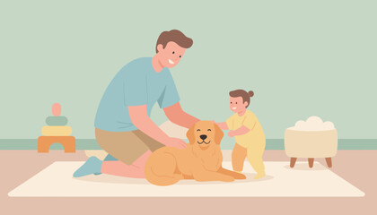 Happy family moment dad toddler and golden retriever dog playing together at home