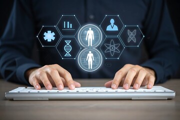 Hands typing on keyboard with futuristic medical technology interface