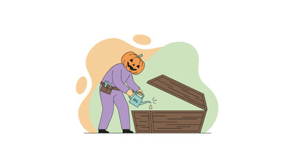 Pumpkinheaded character oils an open wooden coffin symbolizing Halloween preparations or whimsical spooky maintenance