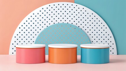 Three colorful cylindrical containers with white lids arranged in a row