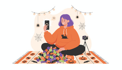 Happy young woman vlogging about Halloween candy sharing festive lifestyle content