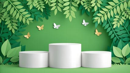 Three white podiums on a green background with leaves and butterflies