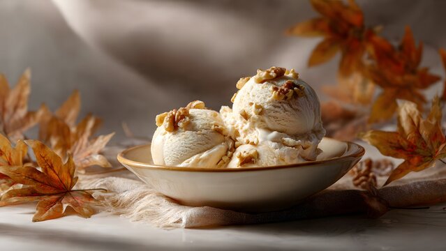 Two scoops of creamy ice cream topped with chopped walnuts are served in a bowl. The warm colors and autumn leaves suggest maple or pecan flavor, a seasonal dessert.