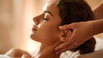 A professional therapist's hands gently massage the head and neck area of a female client. The scene conveys deep relaxation, stress relief, wellness, and holistic spa treatment.
