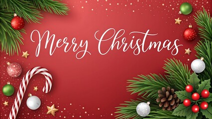 Festive merry christmas greeting with pine branches and ornaments on red background