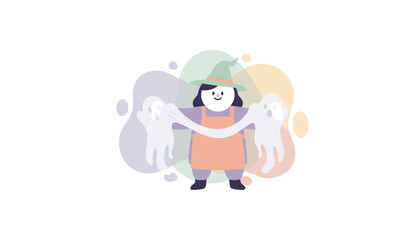 Friendly witch with ghosts and stretchy goo celebrating Halloween Fun spooky season concept