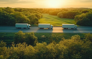 Three large trucks driving along a highway surrounded by lush green trees and fields, illuminated by the warm glow of a sunset, showcasing transportation and nature harmony