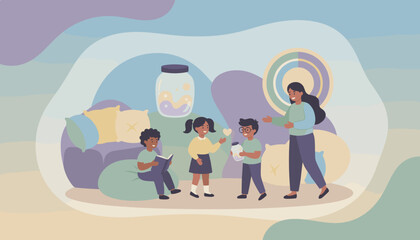 Diverse children learn and play with adult guidance in a colorful creative space