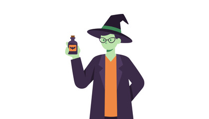 Witch with green skin hat and glasses holds a spooky potion perfect for Halloween designs