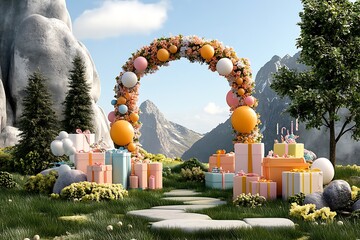 Celebration setup mountain valley decorative display nature wide angle outdoor event vibe
