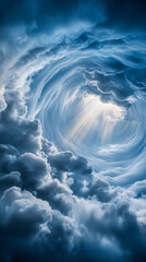 Surreal vortex of swirling clouds with beams of sunlight piercing through the center.
