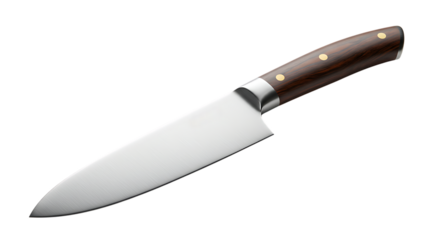 Professional chef's knife with a sharp steel blade and elegant wooden handle isolated on white