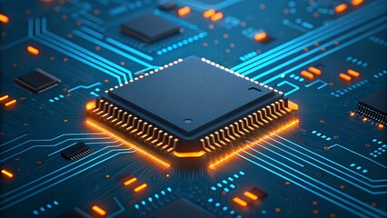Close up of a central processing unit on a glowing blue circuit board