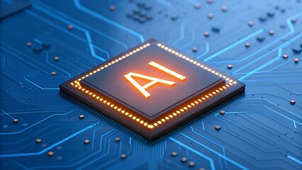 Glowing ai chip on a blue circuit board