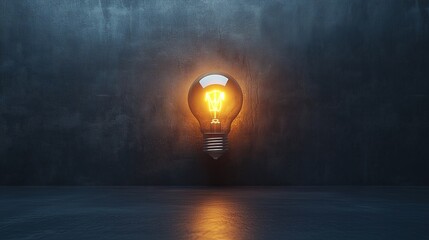 Light bulb glowing brightly against a textured dark wall, casting warm illumination on a polished surface, symbolizing creativity and inspiration in a minimalist setting