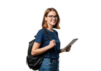 Young woman with backpack and tablet isolated on transparent background