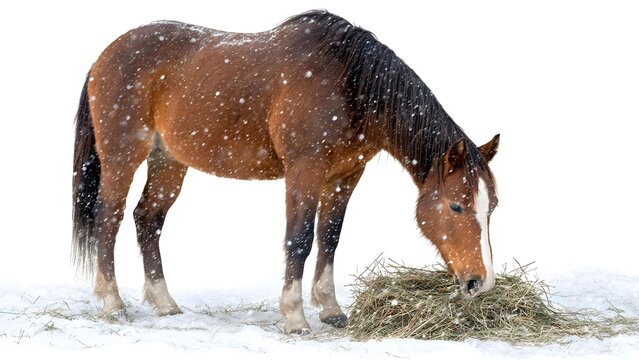 Brown horse with a white blaze on its face stands in the snow and eats hay. Concept Winter Horse Portraits, Snowy Landscape, Blaze-faced Brown Horse, Hay Feeding Moment, Quiet Farm Scene