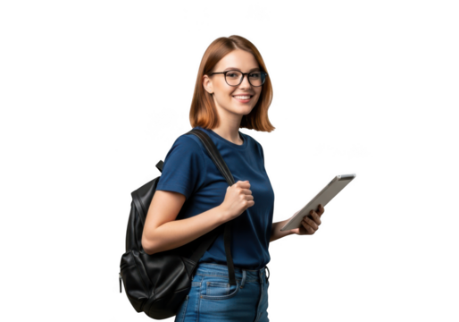 Young woman with backpack and tablet isolated on transparent background