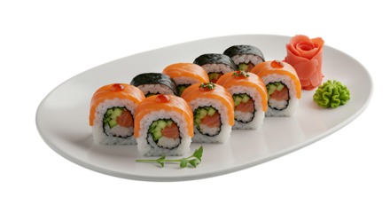 Sushi Rolls with Salmon and Cucumber on White Plate, Asian Cuisine Preparation