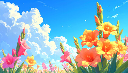 Cute 3D a blue sky with a field of Gladiolus