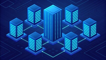 Abstract glowing blue server racks in a digital network grid