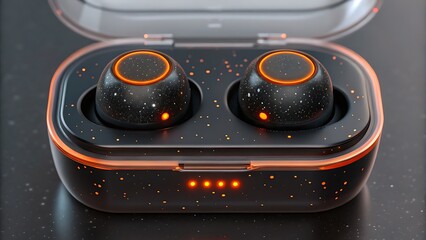 Wireless earbuds with charging case and water droplets