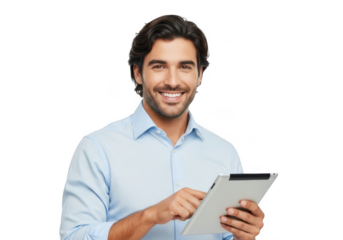 Smiling man holding tablet isolated on transparent background