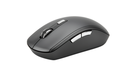 Grey wireless mouse with scroll wheel and side buttons for computer navigation