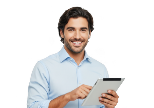 Smiling man holding tablet isolated on transparent background - Powered by Adobe
