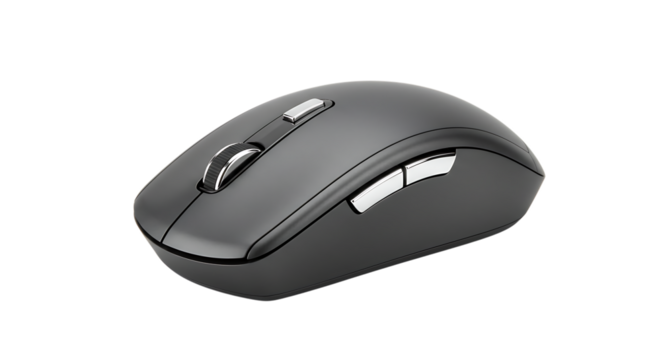 Grey wireless mouse with scroll wheel and side buttons for computer navigation