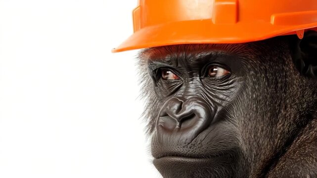 Gorilla in orange hard hat at playful site