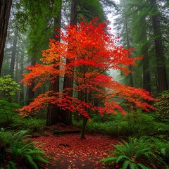 Vibrant Autumn Maple Tree in Redwood Forest.