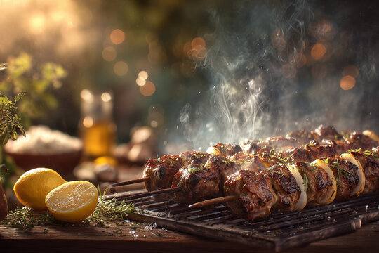 Fototapeta Souvlaki Backyard Grill Hyperrealism - Home-style Greek Street Food in Outdoor Cooking Setting with Authentic Mediterranean Flavors and Casual Dining