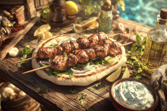 Fototapeta Souvlaki Greek Street Food Hyperrealism - Authentic Mediterranean Street Food in Urban Setting with Traditional Greek Flavors and Casual Fast Food
