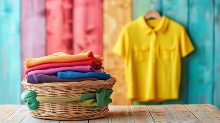 Colorful basket filled with neatly folded clothing items, placed on a wooden table, with a vibrant backdrop of painted wooden panels and a yellow shirt hanging nearby