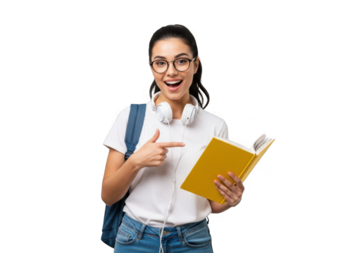 Young woman student holding book and pointing isolated on transparent background