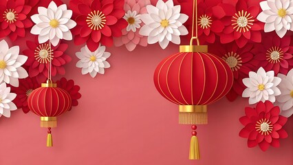Red and white flowers with hanging lanterns for chinese new year celebration