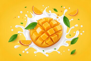 Fresh mango slices splashing into creamy milk on yellow background