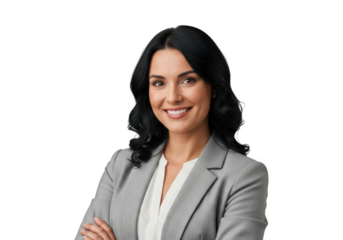 Smiling businesswoman in grey suit isolated on transparent background