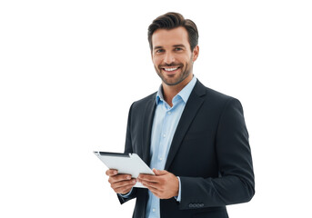 Smiling businessman holding a tablet isolated on transparent background