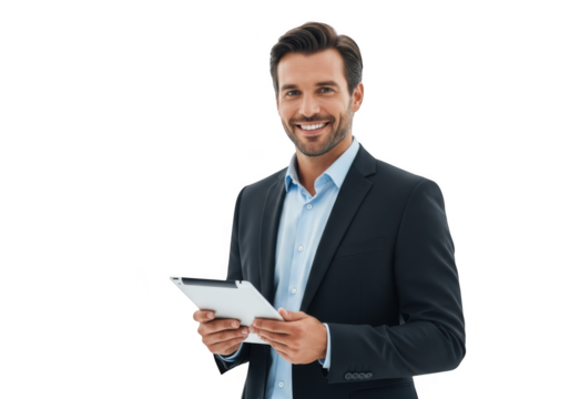Smiling businessman holding a tablet isolated on transparent background