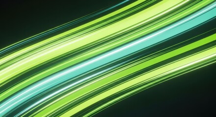 Dynamic diagonal lines of vibrant green and turquoise light streaks create an energetic and futuristic abstract background with a sense of speed and motion