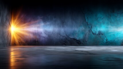 Fototapeta premium Abstract Light Rays in Dark Room with Vibrant Colors and Textured Wall on Background for Creative Usage