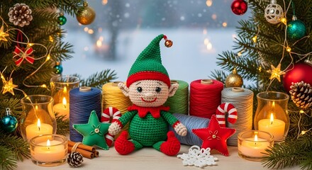 Crochet Christmas Elf with Festive Decorations – Cozy Holiday Scene, Handmade Christmas Craft, High-Quality