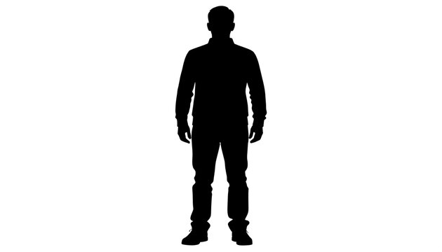 A full-body silhouette of a person facing forward against a white background. The individual is standing, wearing a jacket and jeans, with their hands visible