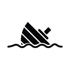 Incomplete sunken black shipwreck shows a tragic event within wavy water in transparent background