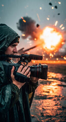 Obraz premium Man video journalist filming explosion with professional camera in rain. War correspondent covering conflict zone news report.
