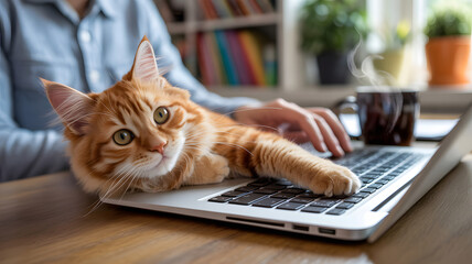 Cute Orange Cat Lying on Laptop Keyboard in Cozy Home Office