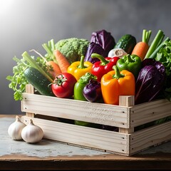 Fresh Vegetables in a Wooden Crate - A Colorful and Healthy Harvest.